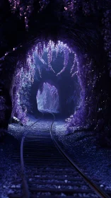 Curved railway track passes through luminous violet tunnel