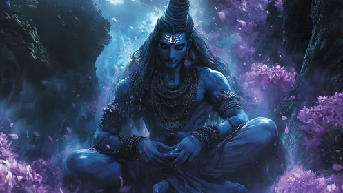 Mythic cyan ascetic in luminescent meditative forest field.