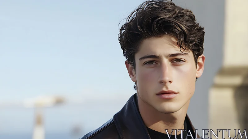 Calm young man meets the daylight with a thoughtful gaze