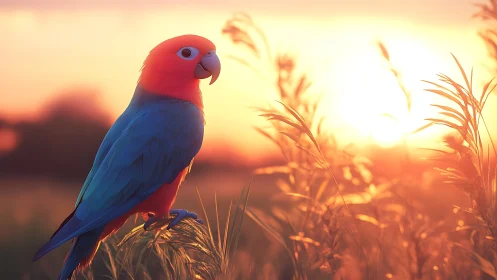 Vibrant parrot in sunset grassland, dreamy nature photography style.