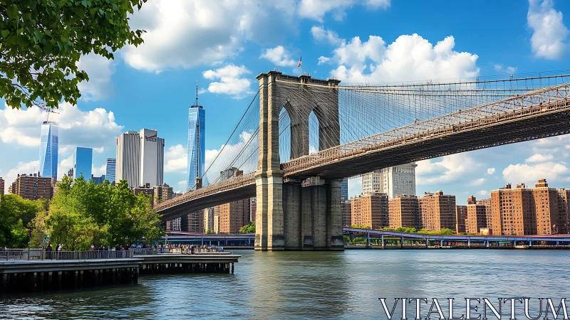 Brooklyn Bridge suspension span framing dense Manhattan skyline.