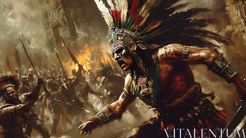 Aztec warrior chieftain advances through cinematic battle chaos