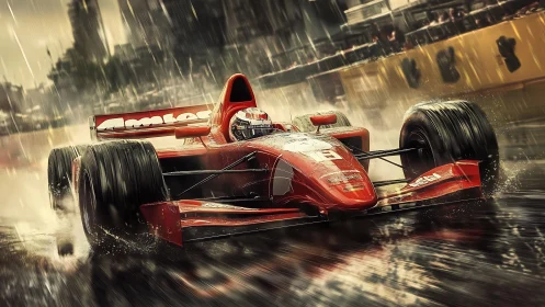 Roaring red race car slicing through a wild city downpour.