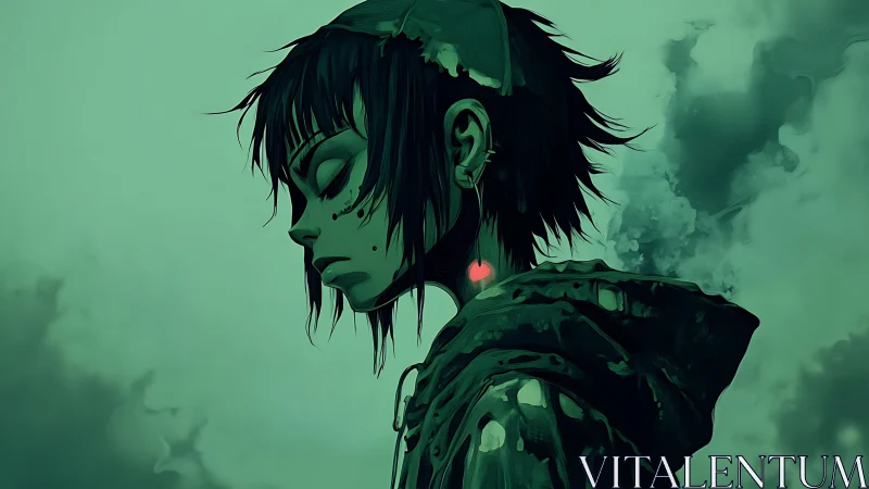 Side profile portrait depicts hooded figure in green haze