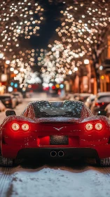 Rear view red sports coupe on snowy city street at night
