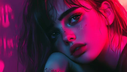Neon-lit wistful portrait in cinematic magenta and cyan glow.