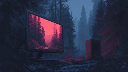 Neon forest PC scene merging digital screen with night woods.