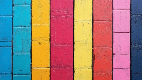 Vibrant vertical stripes on textured painted brick wall.