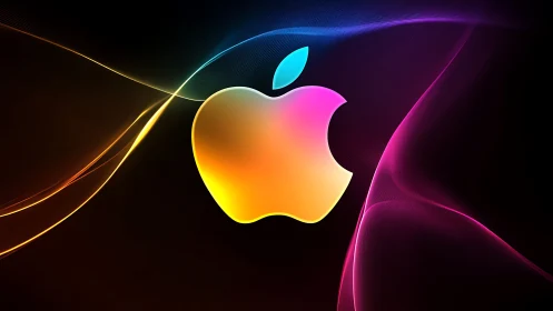 Vibrant neon apple logo glows against swirling dark waves