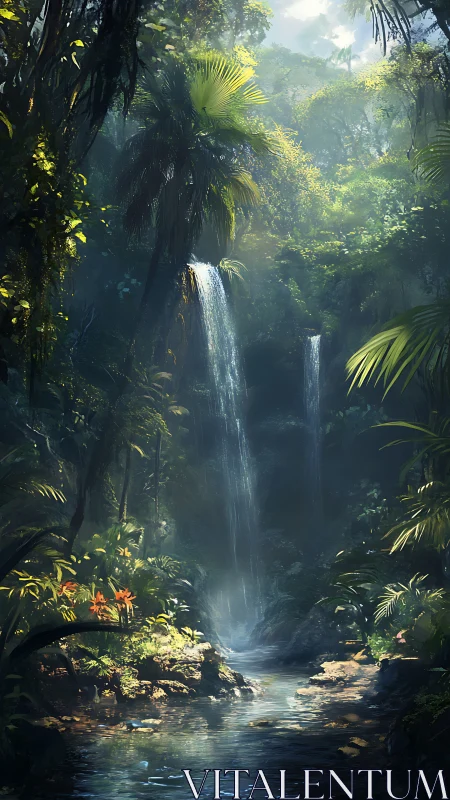 Tropical Waterfall Cascades Through Misty Jungle Canopy.
