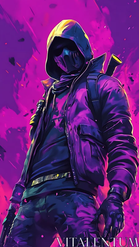 Hooded cyberpunk operative in neon magenta backlight stands armed