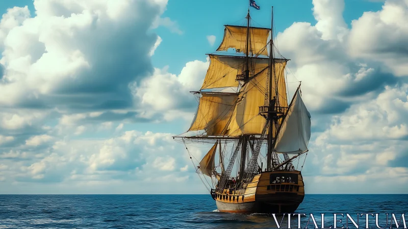 Golden-sailed tall ship advances across a sunlit calm sea