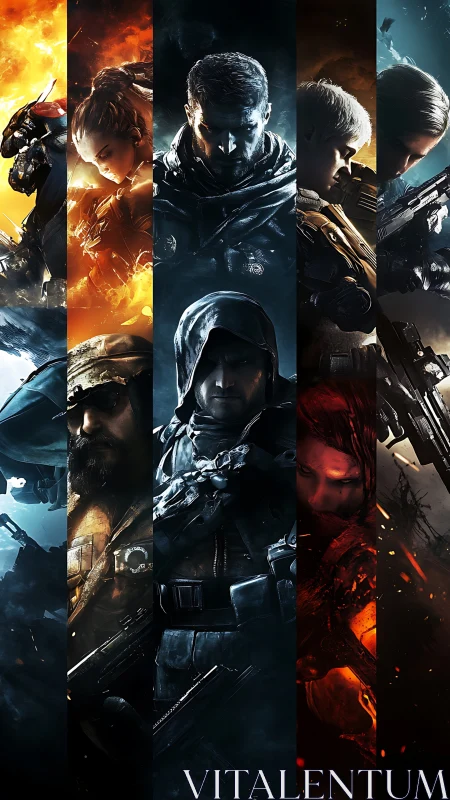 Futuristic armored soldiers in segmented fiery panels.