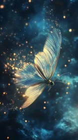 Luminous butterfly with translucent wings glows in deep space