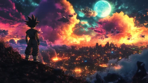 Starlit warrior studies a neon-burned city under twin fires