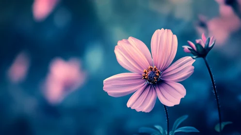 Luminous Cosmos Flower Blooms Against Twilight Dreamscape.