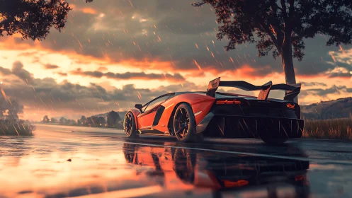 Red supercar on wet road at sunset in stylized rain.