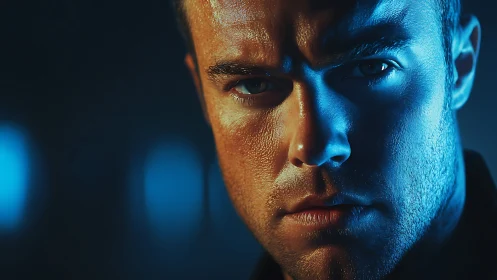 Moody male portrait with dramatic blue-orange split lighting.