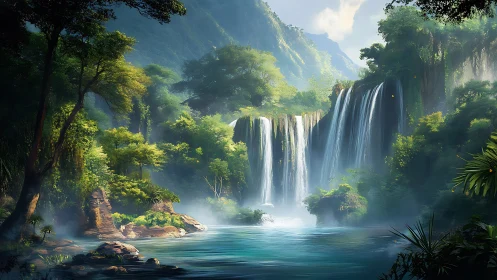 Dense tropical gorge with multi tiered waterfalls and pool.
