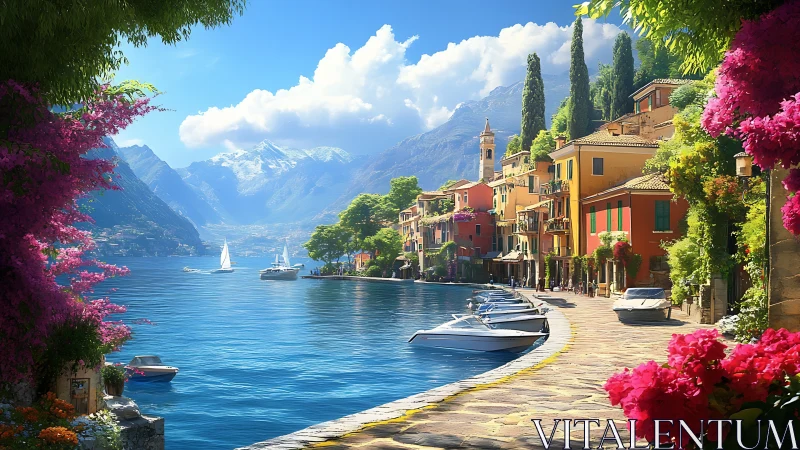 Lakeside Italian village glows under bright alpine sunshine.