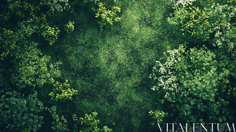 Lush Green Garden Top View with Bushes and Grass in Natural Light.