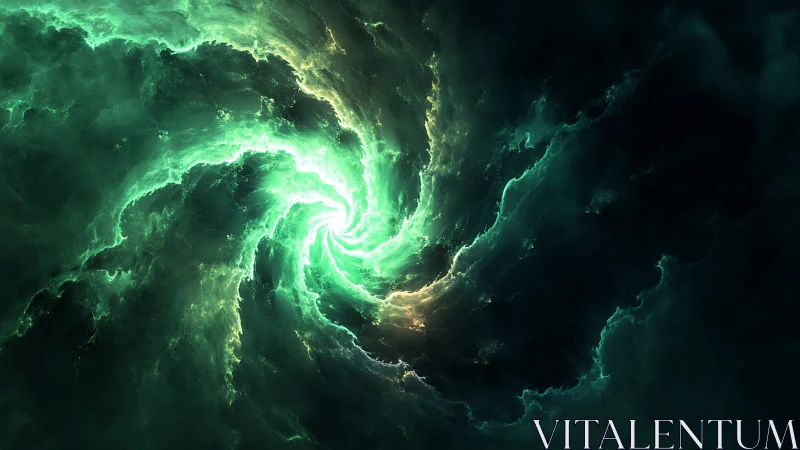 Turbulent emerald plasma vortex with luminous accretion core.