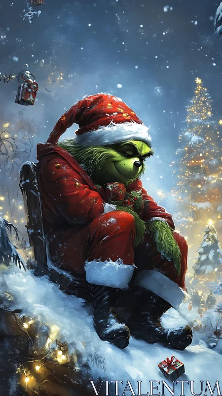 Grumpy green Santa finds quiet magic in snowy Christmas night.