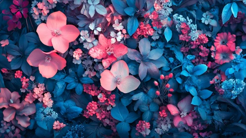 Vibrant Floral Garden with Pink and Blue Blooms.