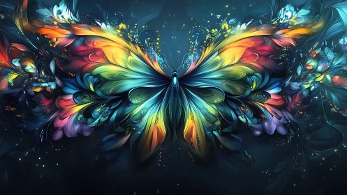 Symmetric neon fractal butterfly with luminous feathered wings