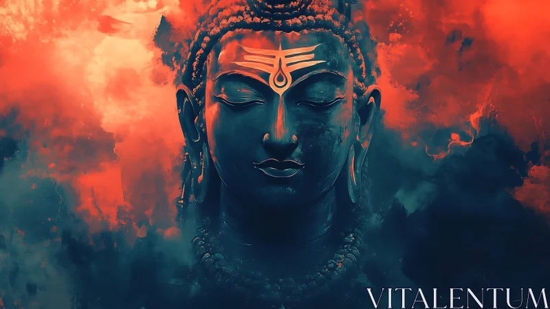 Ember-clouded Buddha visage adrift in meditative twilight.