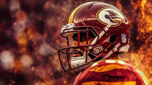 Gridiron player in red helmet stands against blazing bokeh flames