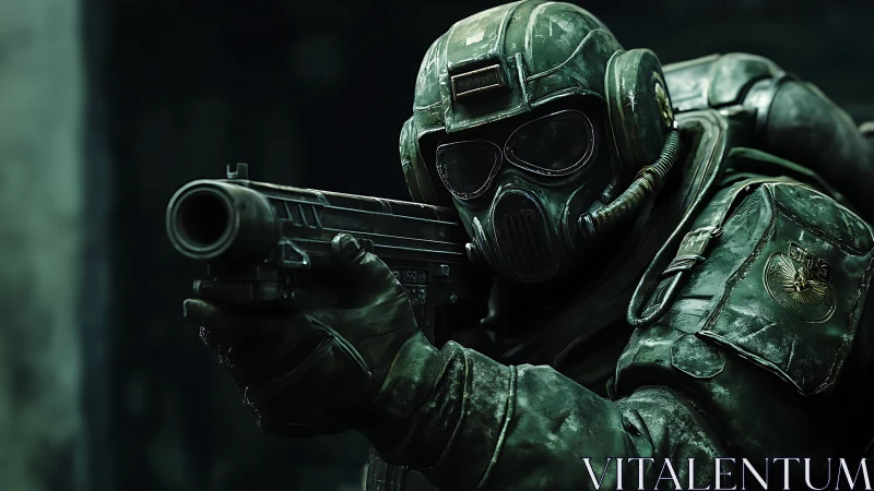 Armored sci fi soldier aims rifle in tense urban standoff.