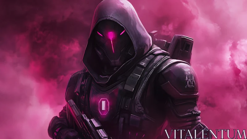 Neon magenta cyber assassin in tactical exosuit amid vapor clouds
