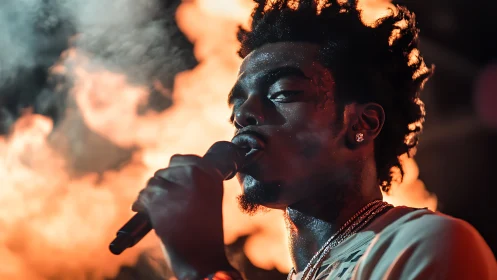 Low key concert portrait with flames, shallow depth of field.