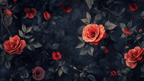 Dark Floral Composition: Red Roses Against Textured Charcoal.