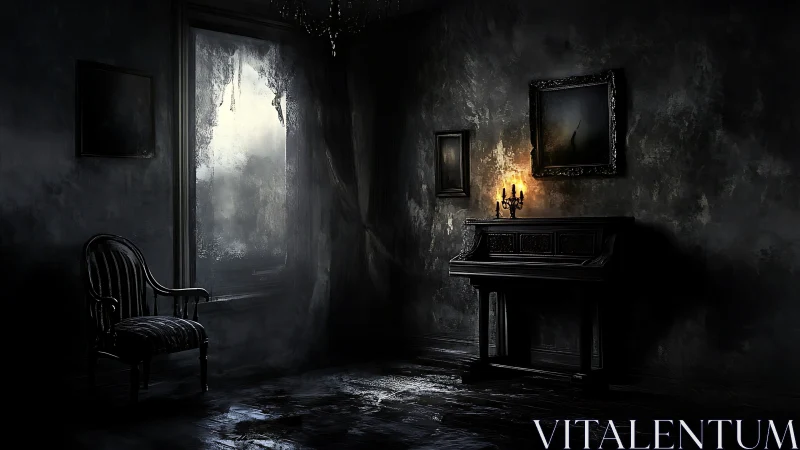 Candlelit piano glows in a dark, abandoned Gothic room.