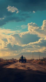 Solitary driver greeting a storm-painted desert horizon.