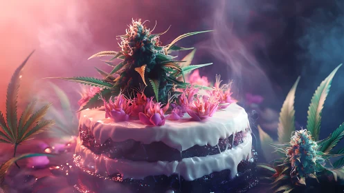 Cannabis Flower Specimen on Multi-Layered Cake with Volumetric Lighting
