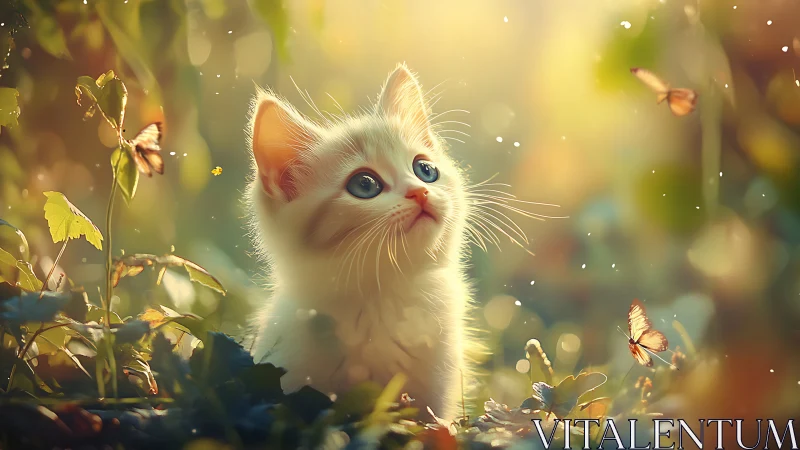 White Kitten Gazes Upward Among Blooming Flowers