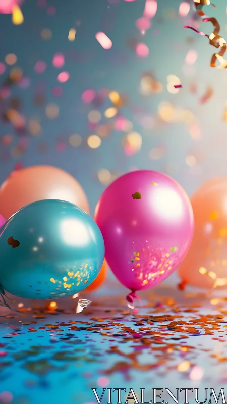 Three inflated spheres with metallic surfaces and confetti scatter composition.