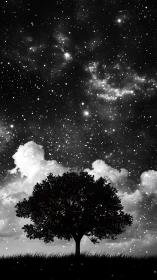Silhouette tree under glittering starfield night sky.