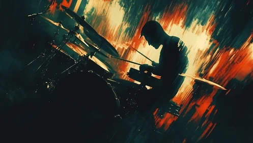 Digital painting silhouette of drummer in kinetic light field.