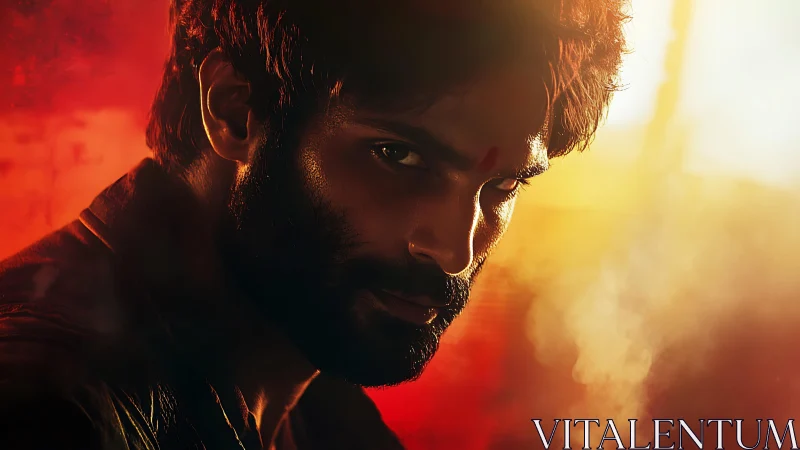Intense male portrait in cinematic warm backlit close-up view