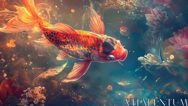 Glowing koi drifts through a dreamy underwater garden world