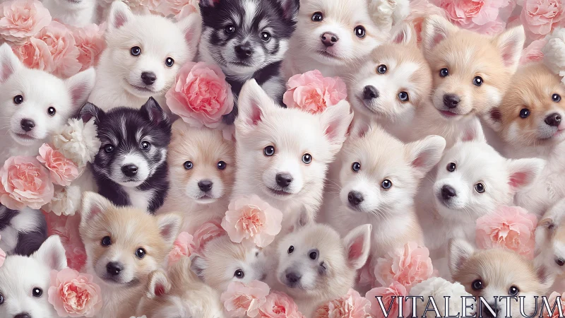 Puppy portrait mosaic with pastel florals and soft lighting.