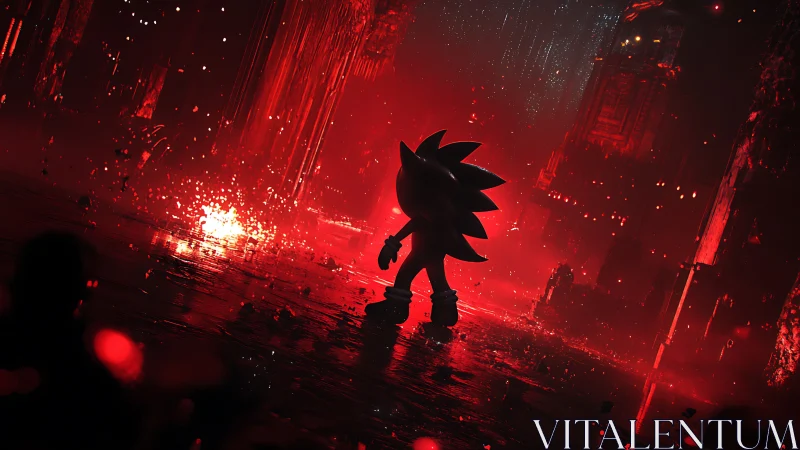 Silhouette of spiky cartoon figure in red illuminated ruin