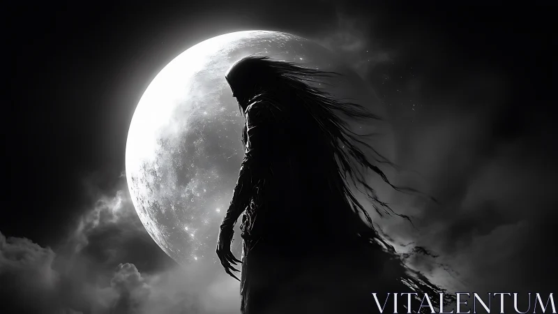 Backlit spectral figure silhouetted against high-contrast full moon