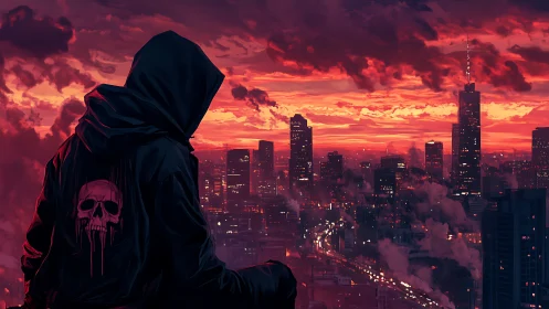 Cyberpunk hooded sentinel over neon-drenched skyline at dusk.