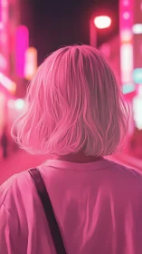 Neon-soaked wanderer drifts through cotton-candy city glow
