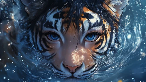 Close-up blue-eyed tiger submerged in dynamic rippling water